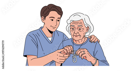 Caring caregiver assisting elderly woman with necklace isolated on white background