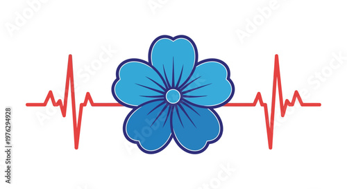 Flower centered on heartbeat line illustration isolated on white background