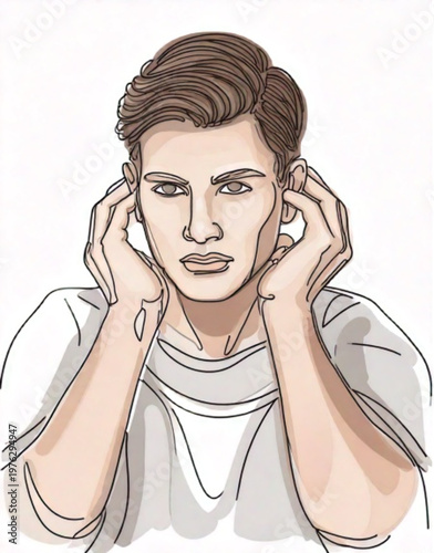 Man covering ears to block out loud noise or sound.