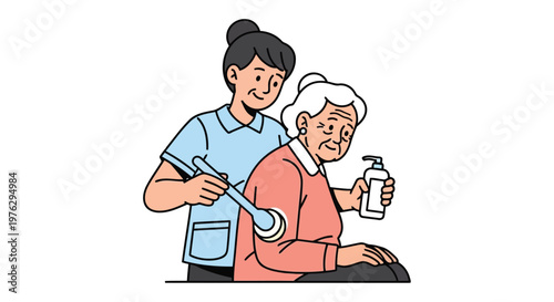 Nurse assisting elderly woman with personal hygiene routine isolated on white background