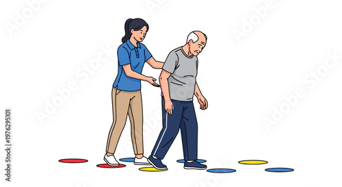 Nurse guiding elderly man through balance exercise isolated on white background
