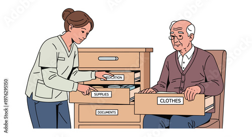 Caregiver organizing supplies and clothes for elderly man isolated on white background