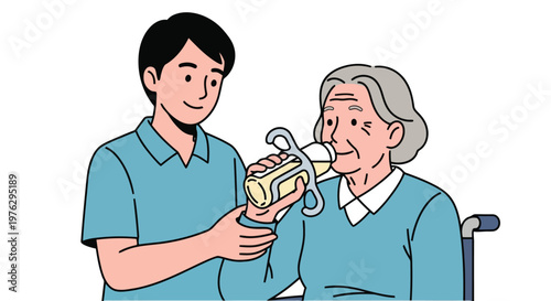 Caregiver helping senior drink from bottle isolated on white background