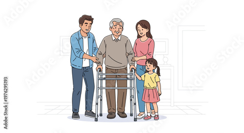 Family supporting elder with walker at home isolated on white background