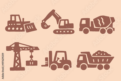 Construction vehicles naive doodle vector illustration