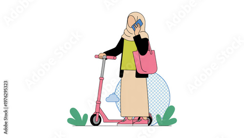 Whimsical character riding a scooter with a floating cloud and umbrella Vector