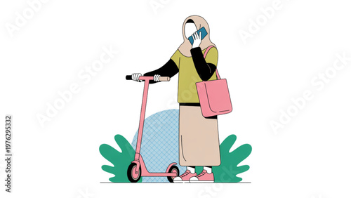 Woman in colorful dress riding a pink scooter through green foliage Vector