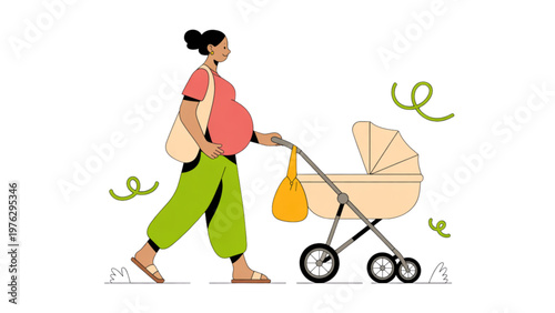 Woman pushing a baby stroller while holding a shopping bag and a coffee cup Vector