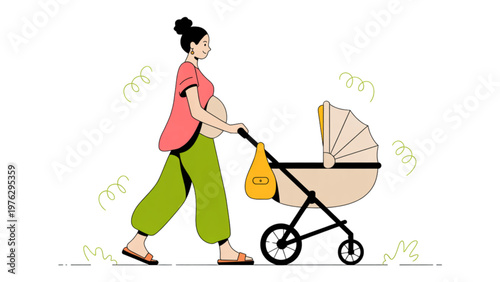Woman pushing a stroller through a sunny park with a shopping bag Vector