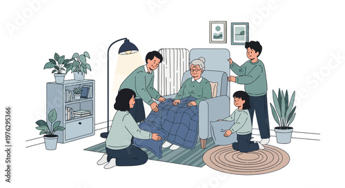 Family caring for elder with blanket at home isolated on white background