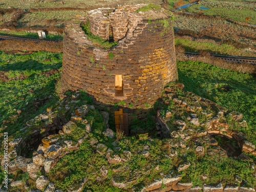 Aerial view of Nuraghe Oes in Giave. Sardinia, Italy