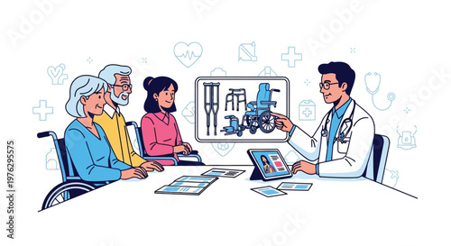 Doctor discussing medical options with elderly patients isolated on white background