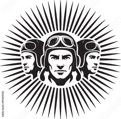Three aviator faces in black and white with goggles and sunburst