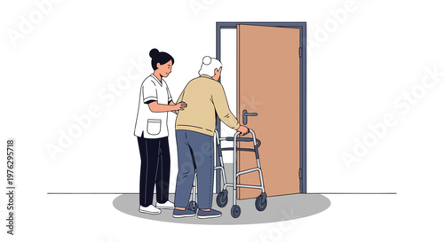Caregiver assists senior woman with walker isolated on white background