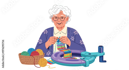 Elderly woman happily knitting with colorful yarn isolated on white background