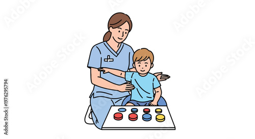Therapist guides child in sensory play activity isolated on white background