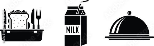 Vintage black and white restaurant icons cutlery milk and dome