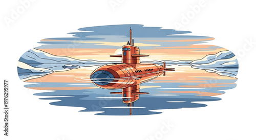 A vibrant orange submarine floats on calm icy waters under a serene sky