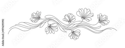 Delicate line floral border with flowing waves and blooming flowers