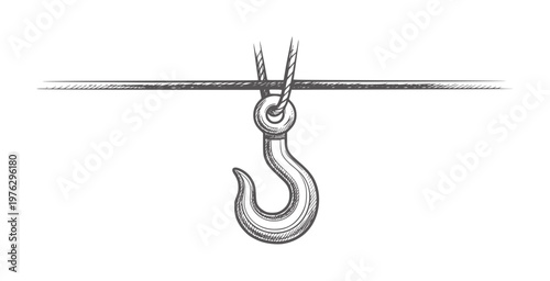 Hand drawn industrial crane hook suspended from a horizontal bar lifting metal
