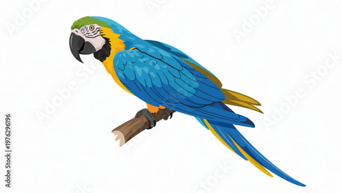 Vibrant blue and yellow macaw perched with vivid plumage and sharp beak Vector