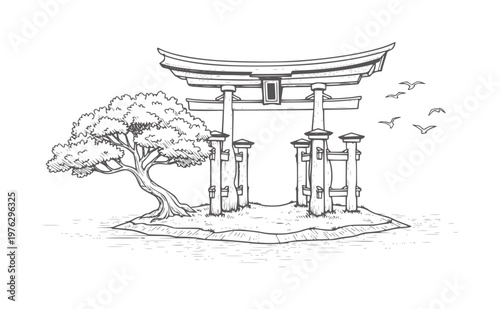 Japanese Torii gate an island with a tree and flying birds