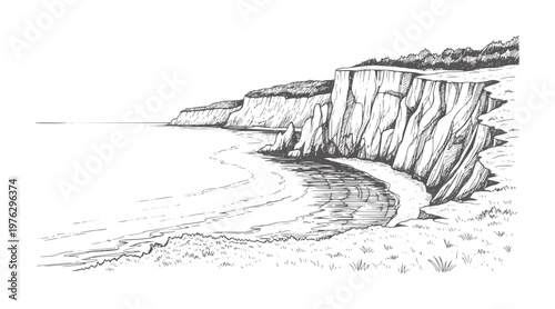 Of a rugged coastline with cliffs and a sandy beach ocean