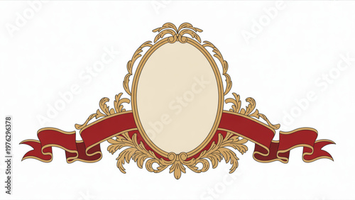 Elegant gold frame with red ribbon and decorative deer heads on sides Vector