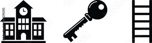 Black silhouette icons clock tower key and ladder simple graphic elements