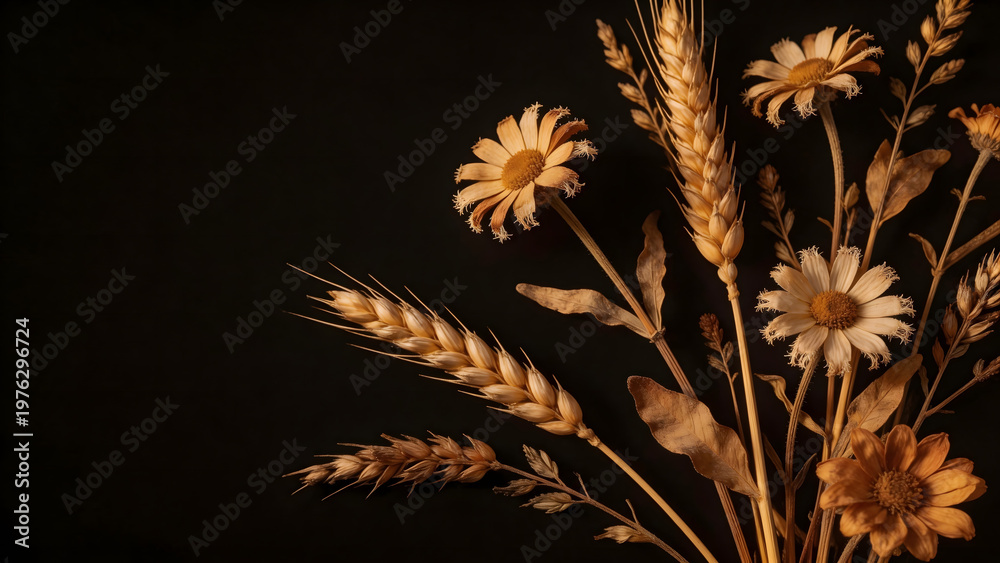 Obraz premium Dried flowers and wheat on black