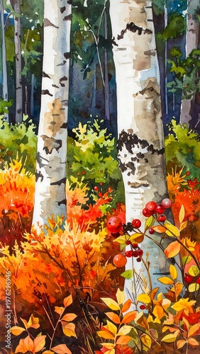 Watercolor forest scene with autumn colors and birch trees creating vibrant artistic nature composition with detailed brush strokes