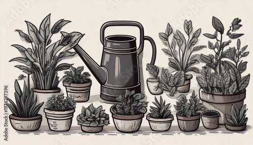 Collection of Potted Plants and Watering Can Illustration.