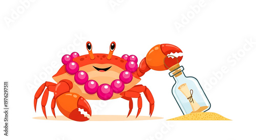A cartoon crab wearing pink pearls holds a message in a bottle on the beach