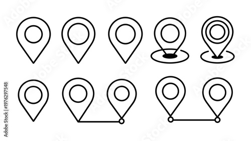 Vector illustration set of location pin icons: classic map pin, hollow pin, pin with dot, navigation pin, GPS marker, destination pin, start point pin, pin with route line, map pointer variations, min