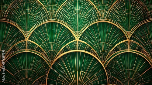 Opulent emerald green and gold geometric pattern evoking classic decorative style