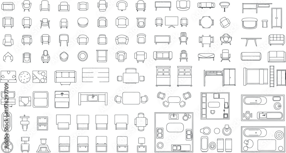 Obraz premium Architectural plans collection top down views of furniture and room layouts isolated on transparent background