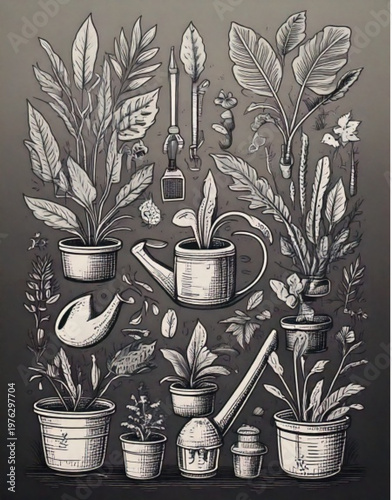 Botanical illustration of potted plants and gardening tools.