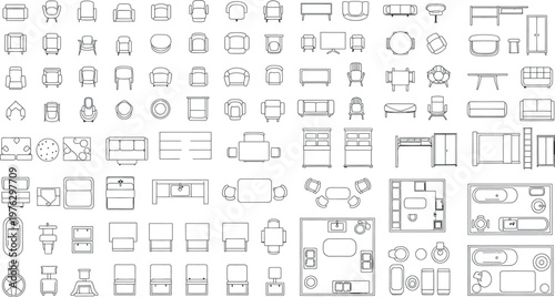 Architectural plans collection top down views of furniture and room layouts isolated on transparent background