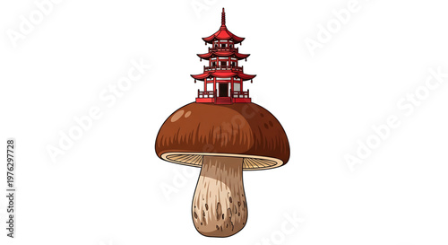 A whimsical vector illustration of a mushroom with a pagoda on top, set against a clean white background.