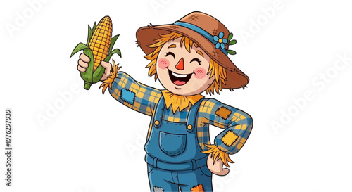Illustration of a happy scarecrow holding corn.