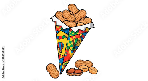 Vector illustration of roasted peanuts in a colored paper cone