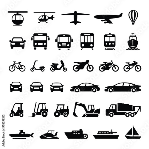 A comprehensive collection of black silhouette icons representing various modes of transportation