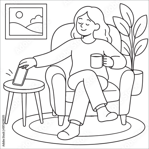 Woman relaxing in pedicure spa chair with coffee and plant illustration