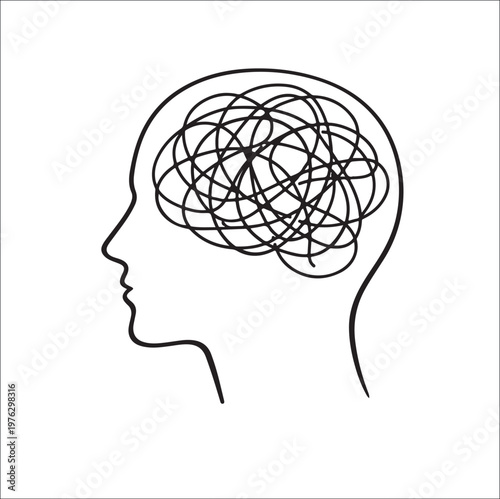 line art brain sketch with creative thought patterns and ideas illustration