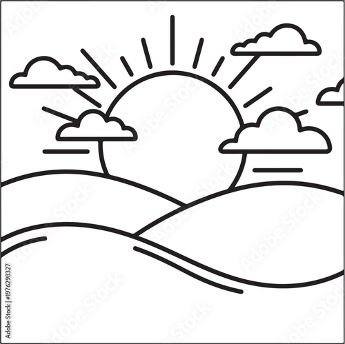 hand drawn sunrise over calm water with clouds minimalist line art illustration