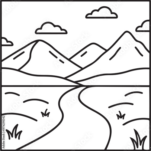 hand-drawn landscape with mountains, river, and clouds in minimalist line art