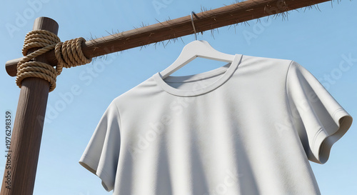 青空の下、木製の物干し竿に白いTシャツが吊るされた静かな風景