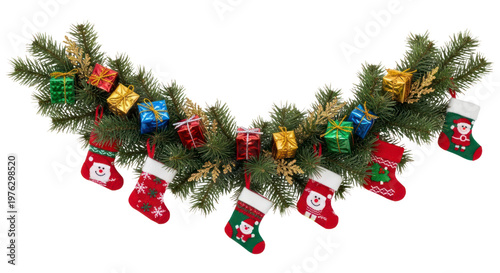 Festive Christmas Garland with Stockings and Presents for Holiday Decor.