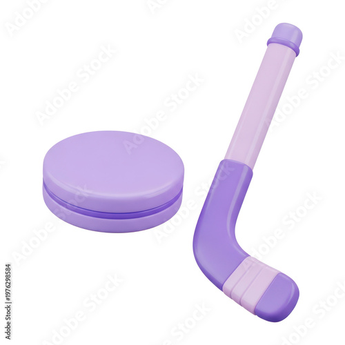 Hockey puck and stick in a vibrant purple color ready for play.