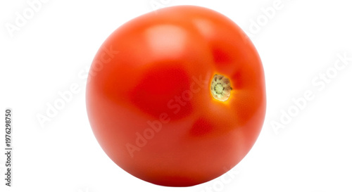 Close-up of a ripe red tomato showcasing its smooth texture and vibrant color against a white background.